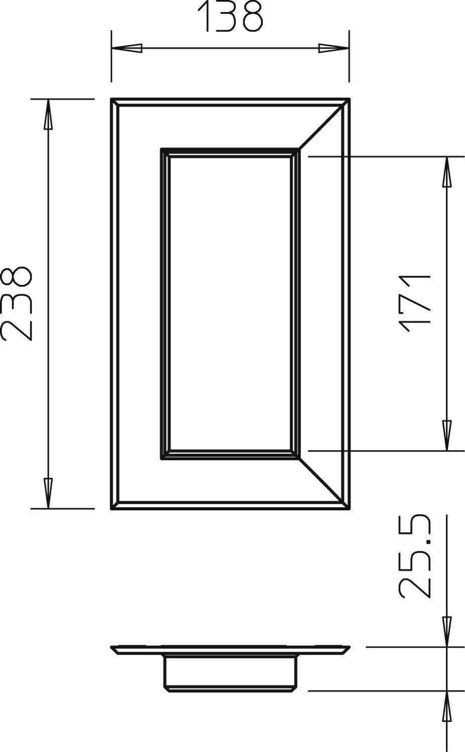Rysunek techniczny prostokątnej pokrywy z wymiarami: wysokość 238, szerokość 138, środkowy otwór 171. Widok z boku wskazuje głębokość 25,5.