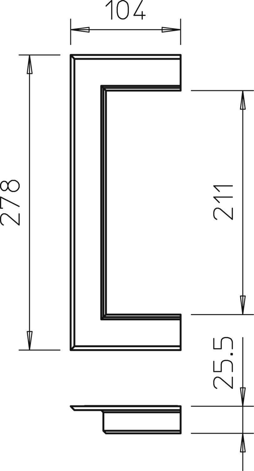 Rysunek techniczny metalowego kątownika prostokątnego. Wymiary: długość 278 mm, szerokość 104 mm, szerokość wewnętrzna 211 mm, grubość 25,5 mm.