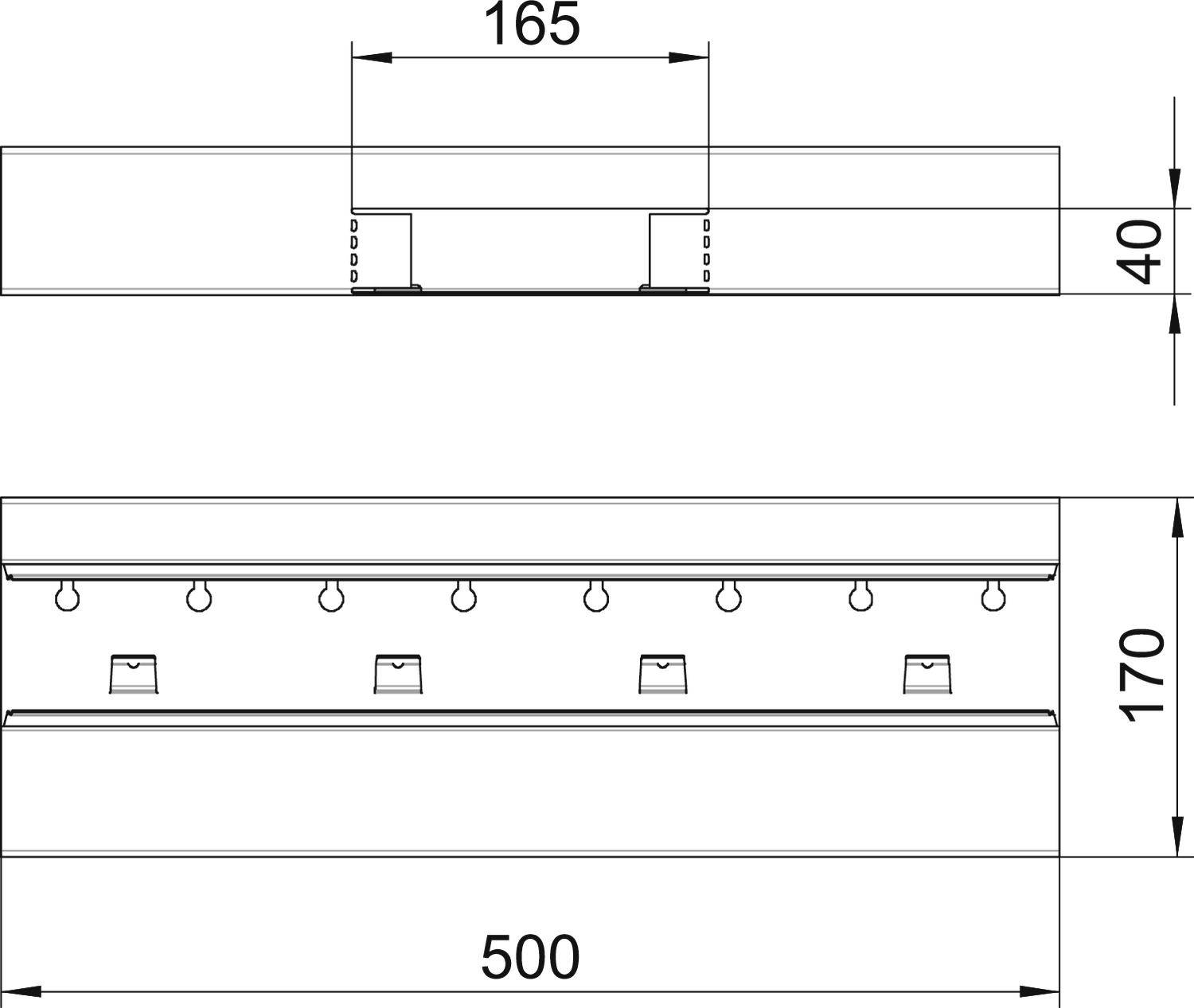 Rysunek techniczny prostokątnego elementu o wymiarach: szerokość 500 mm, wysokość 170 mm, głębokość 40 mm, wycięcie 165 mm.