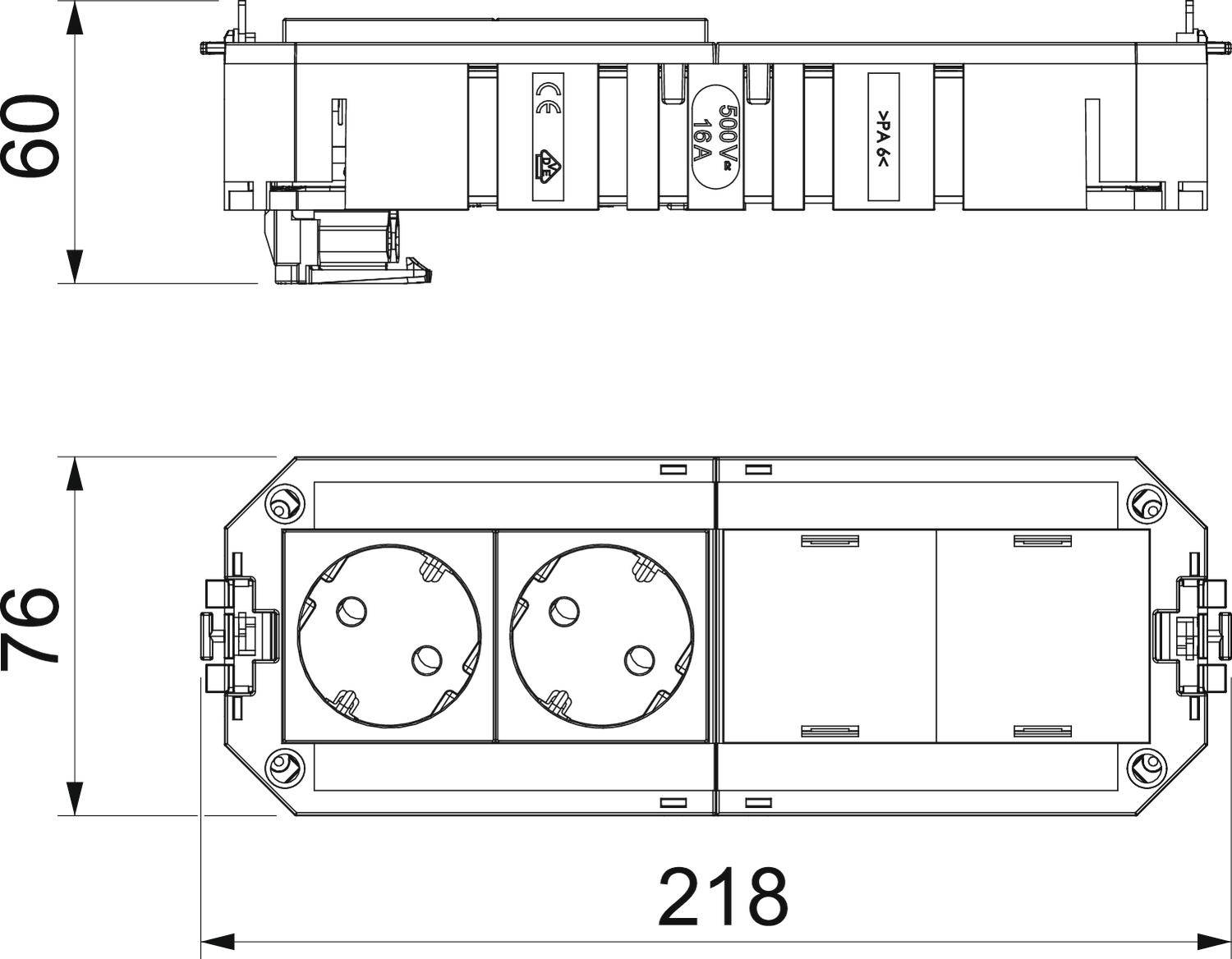 Rysunek techniczny listwy zasilającej z dwoma gniazdami. Wymiary: 60 mm wysokości, 76 mm szerokości, 218 mm długości.
