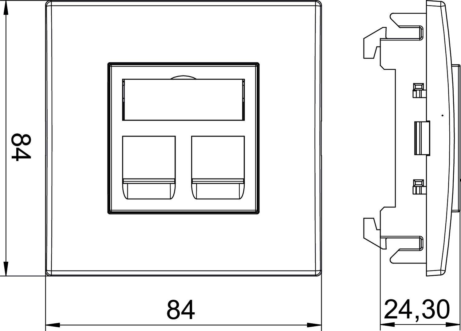 Rysunek techniczny gniazda ściennego z dwoma przyłączami, o wymiarach 84x84 mm (widok z przodu) oraz 24,30 mm głębokości (widok z boku).