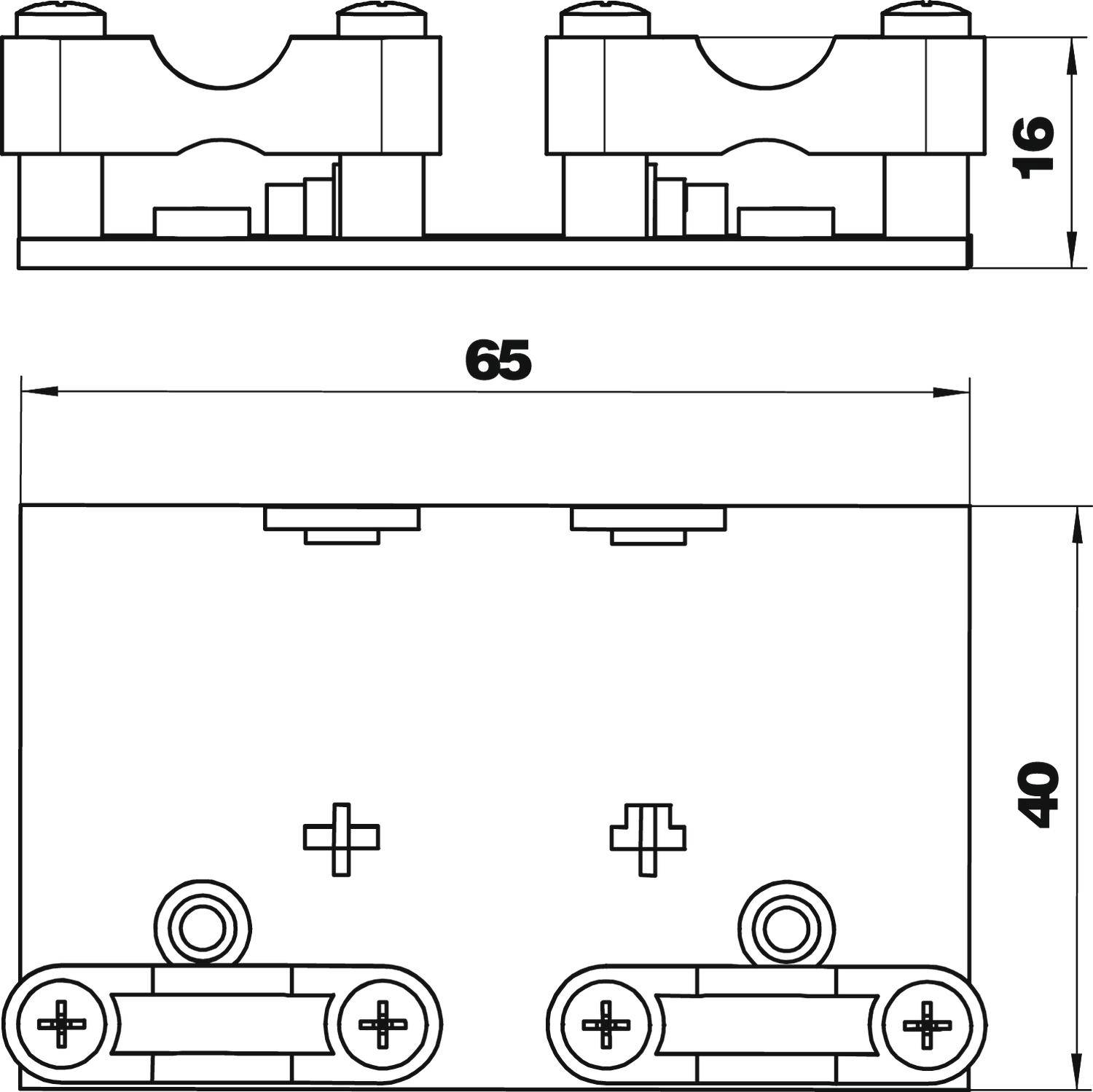 Rysunek techniczny elementu elektrycznego. Widok z góry i z boku z wymiarami: 65 mm szerokości, 40 mm wysokości, 16 mm głębokości.