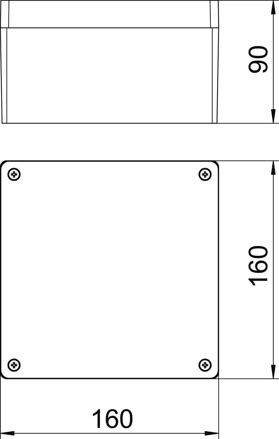 Rysunek techniczny prostokątnej skrzynki o wymiarach 160x160x90 mm, z widokiem perspektywicznym i widokiem z przodu.