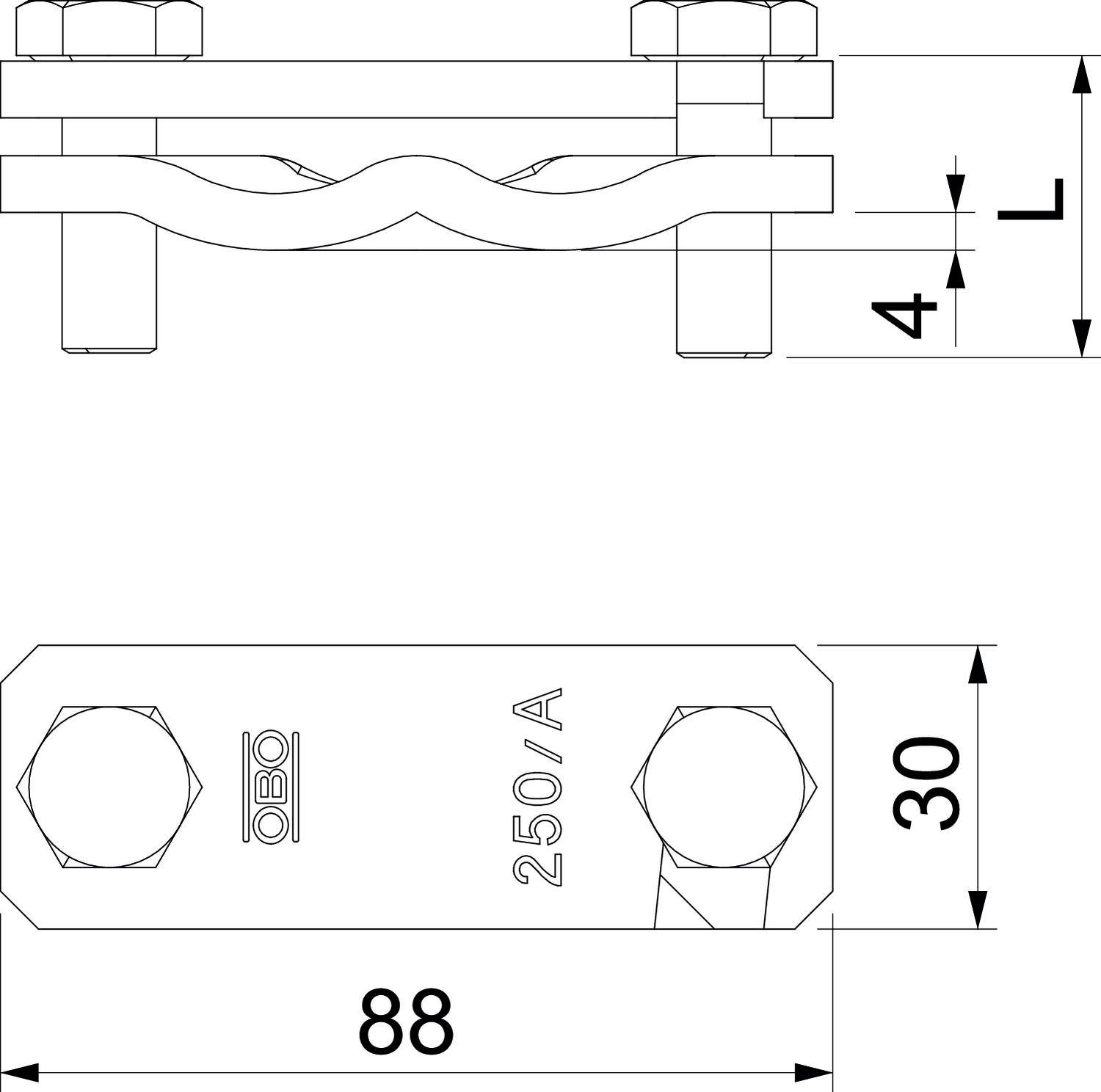 Rysunek techniczny uchwytu śruby. Widok z boku u góry z wymiarami 4 mm szerokości i długości L. U dołu widok z góry o długości 88 mm i szerokości 30 mm.