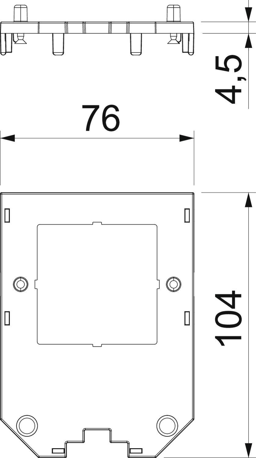 Rysunek techniczny prostokątnego elementu z wymiarami: szerokość 76 mm, wysokość 104 mm, głębokość 4,5 mm, przedstawiający punkty mocowania.