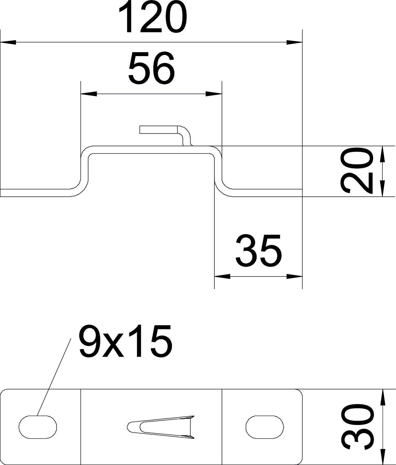 Rysunek techniczny profilu metalowego z wymiarami: długość całkowita 120 mm, wysokość 20 mm, szerokość 56 mm, otwory 9x15 mm.