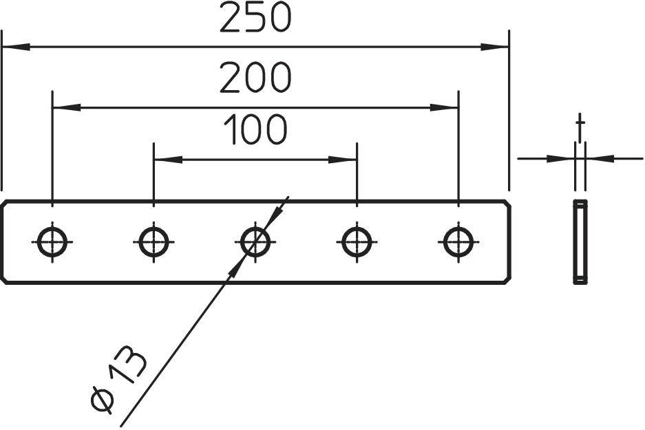 Rysunek techniczny metalowego paska płaskiego z pięcioma otworami. Wymiary: długość 250 mm, średnica otworów 13 mm, odległości 100 mm i 200 mm.