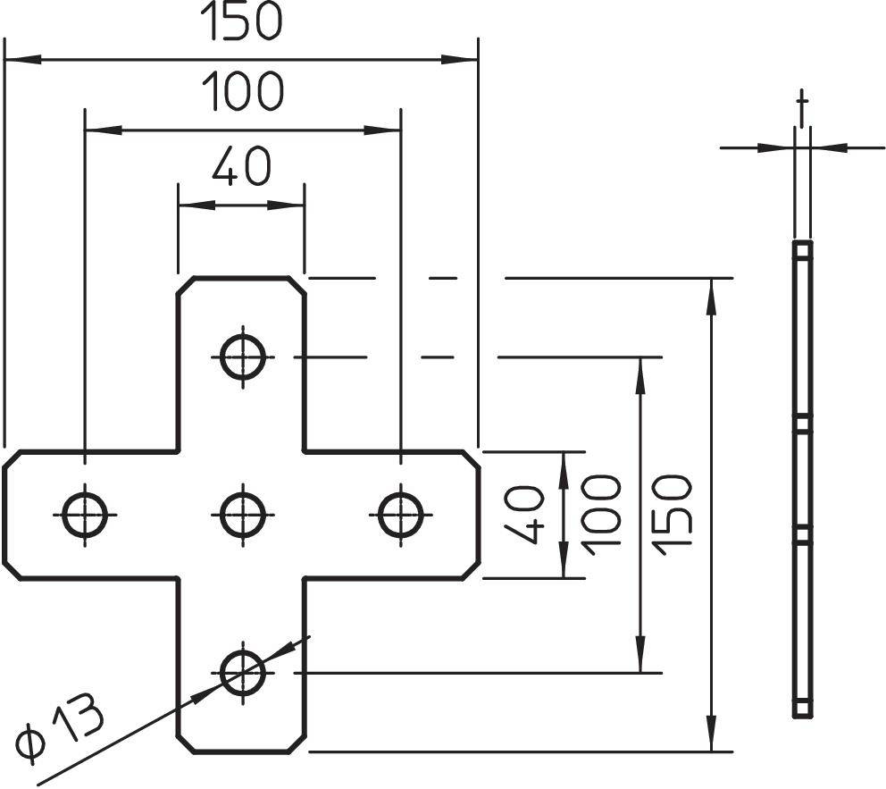 Rysunek techniczny krzyża z otworami. Wymiary: 150x150 mm, średnica otworu 13 mm, odległości zaznaczone. Widok z boku po prawej stronie.