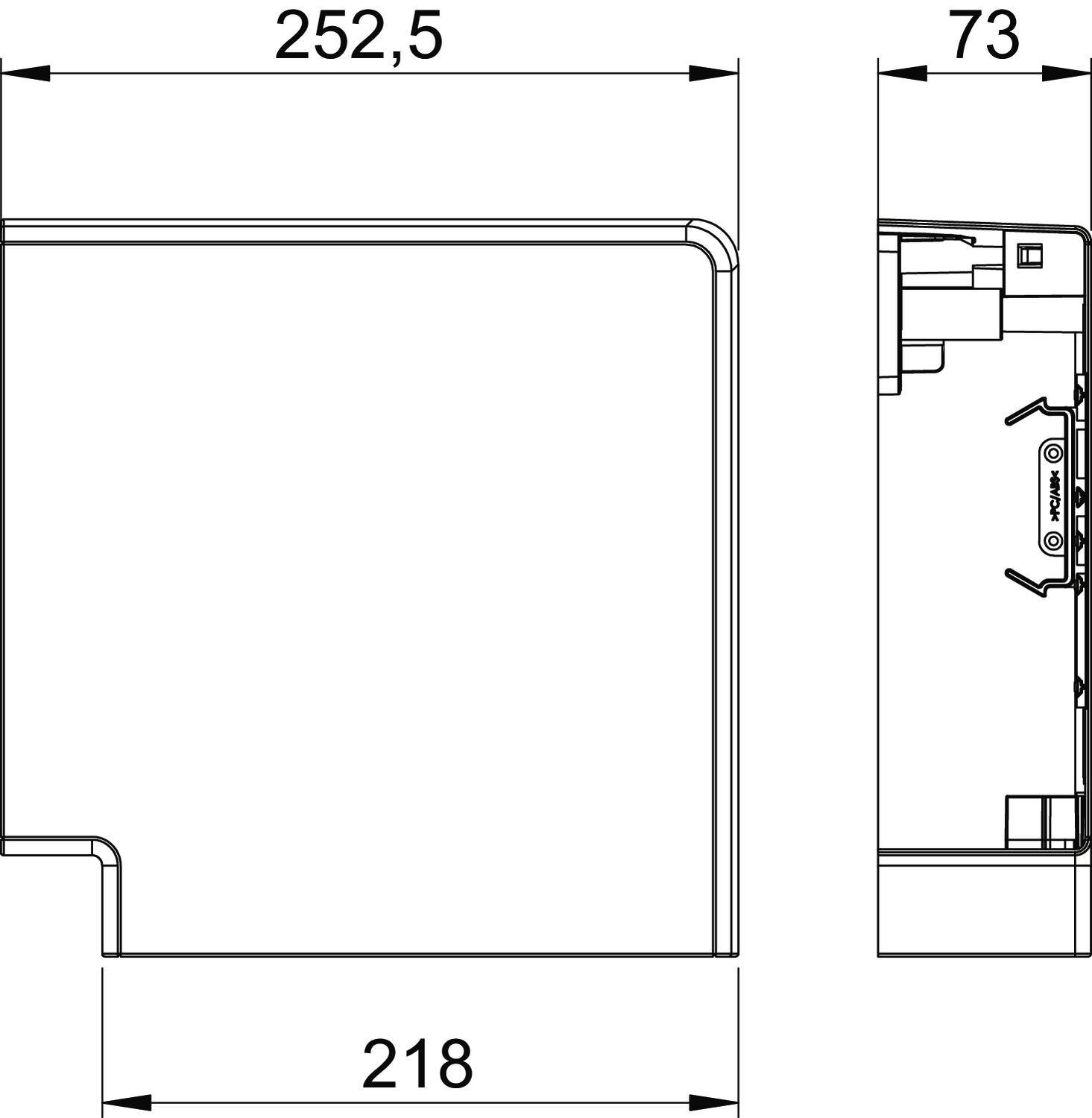 Rysunek techniczny urządzenia o wymiarach: wysokość 252,5 mm, głębokość 73 mm, szerokość 218 mm. Widok z boku przedstawia komponenty wewnętrzne.