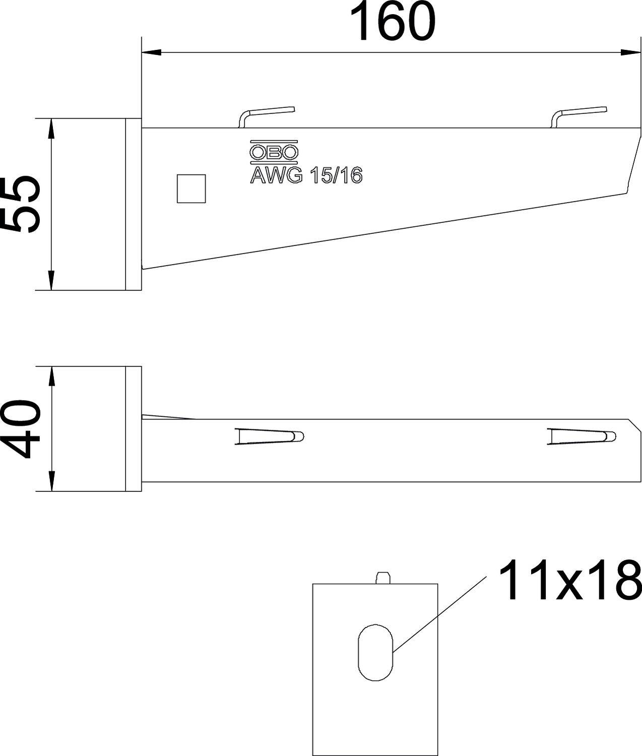 Rysunek techniczny prostokątnego elementu o wymiarach 160x55 mm z wycięciem 11x18 mm. Oznaczenie 'AWG 15/16'.