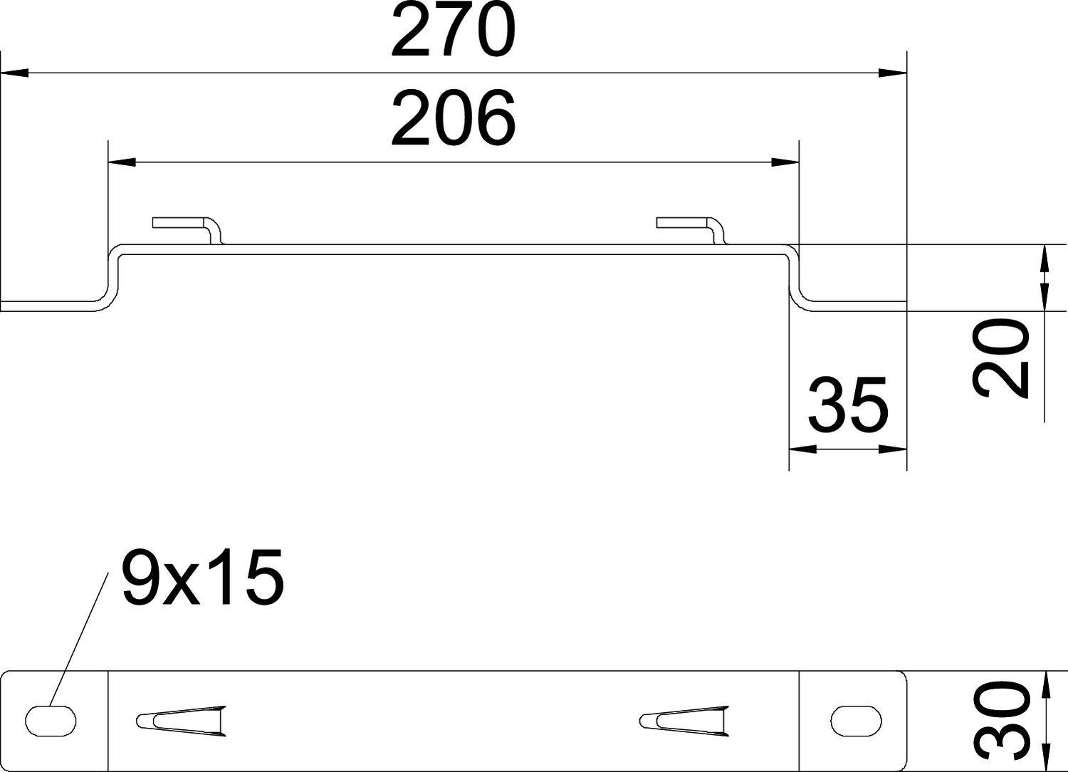 Rysunek techniczny wspornika metalowego: szerokość 270 mm, wysokość 35 mm, rozstaw otworów 206 mm, wielkość otworów 9x15 mm.