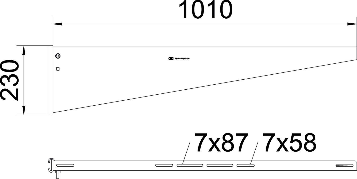 Rysunek techniczny wspornika ściennego o długości 1010 mm i wysokości 230 mm. Zawiera otwory: 7x87 mm i 7x58 mm.
