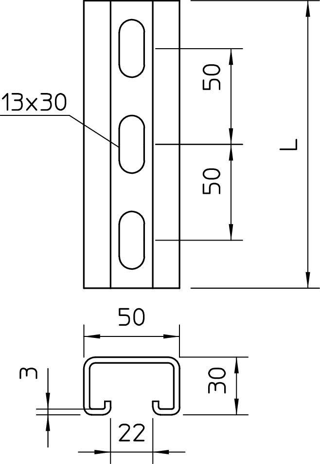 Rysunek techniczny metalowego profilu o kształcie litery U. Wymiary: długość (L), szerokość 50 mm, wysokość 30 mm, szerokość wewnętrzna 22 mm, rozmiar otworu 13x30 mm.
