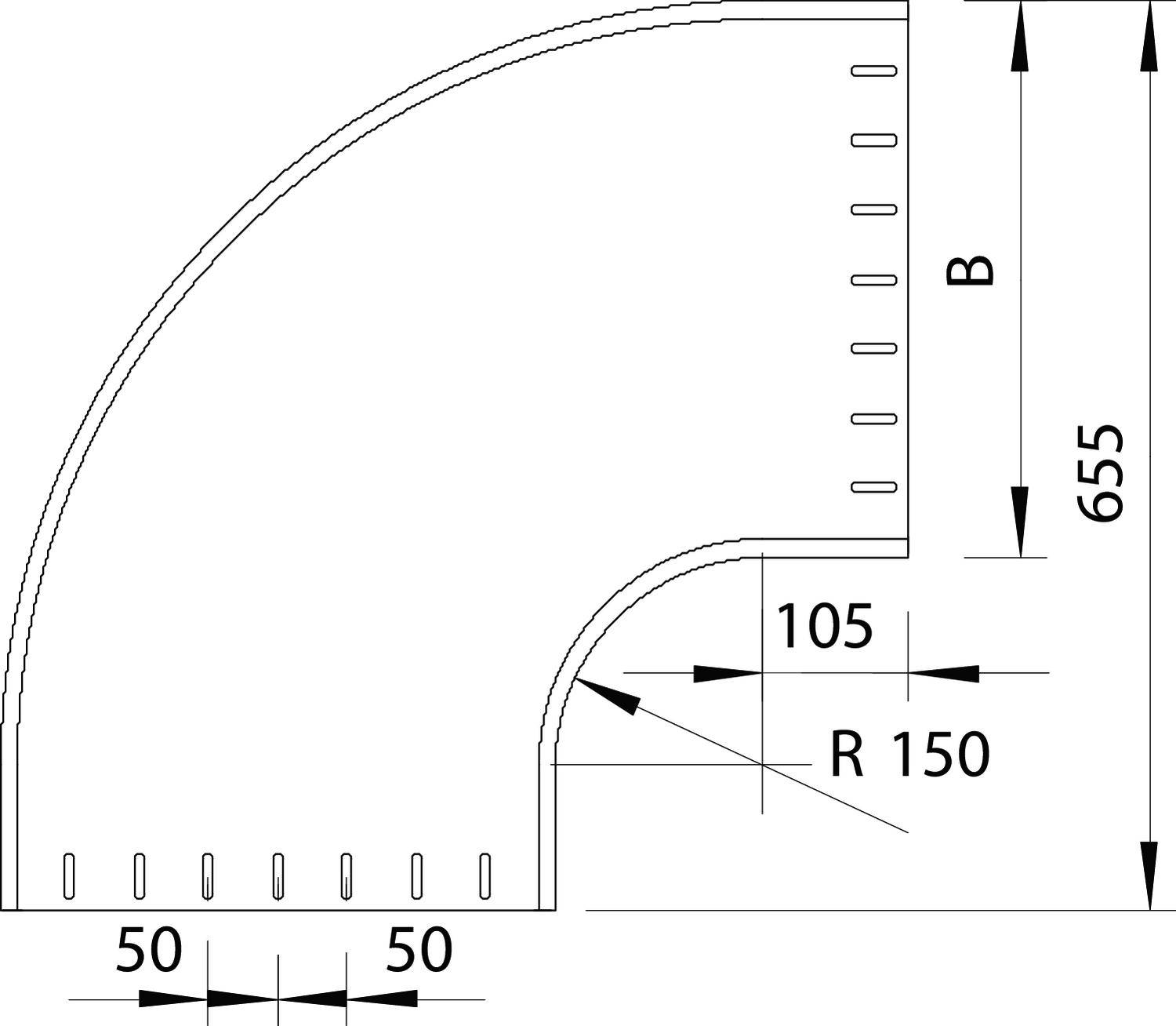 Techniczny rysunek przedstawia zgięcie w kształcie litery L o promieniu 'R 150', wysokości 'B' oraz całkowitej wysokości 655 mm. Wymiary wynoszą 50 mm.