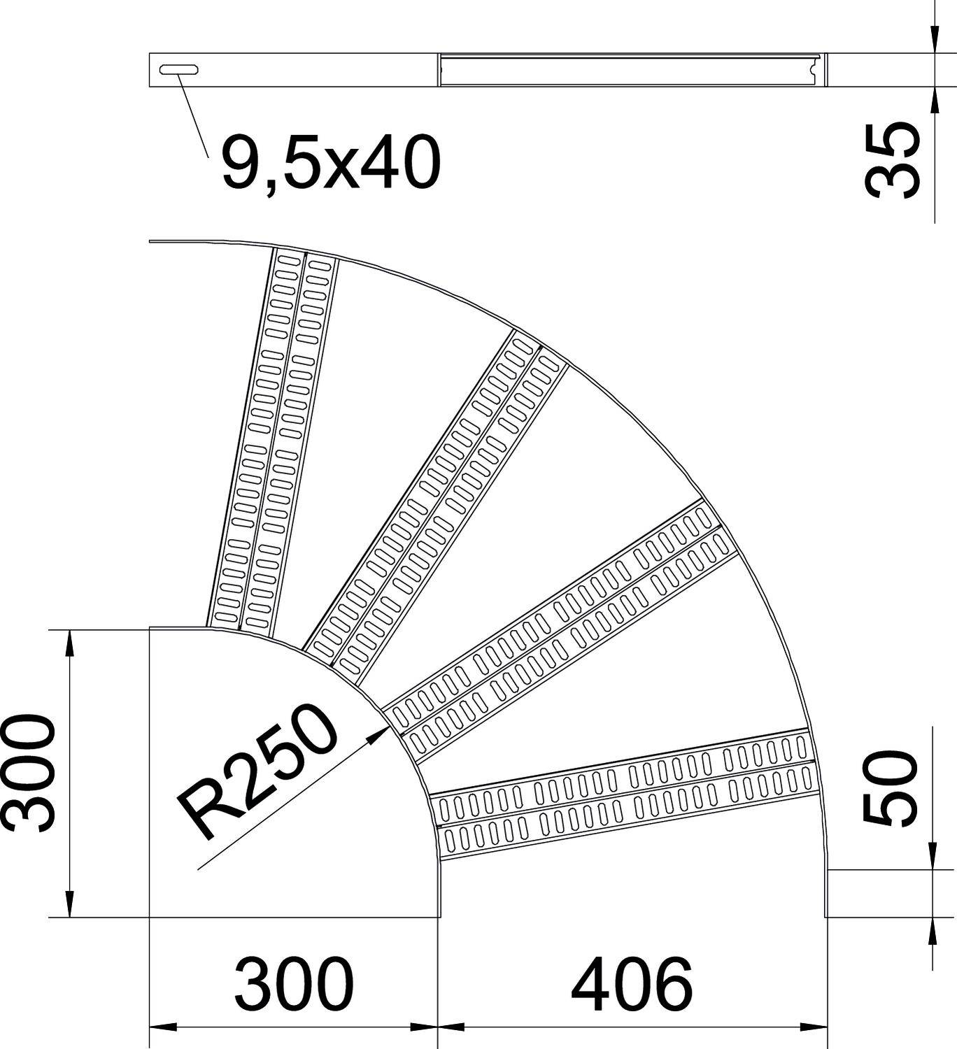 Rysunek techniczny schodów w ćwierćkolu z sześcioma stopniami. Podane są promienie i wymiary: 300 mm, 406 mm, R250.