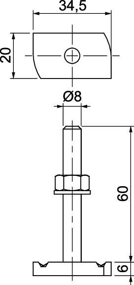 Rysunek techniczny śruby z wymiarami: wysokość 60 mm, średnica 8 mm, przekrój górny 20 mm x 34,5 mm.