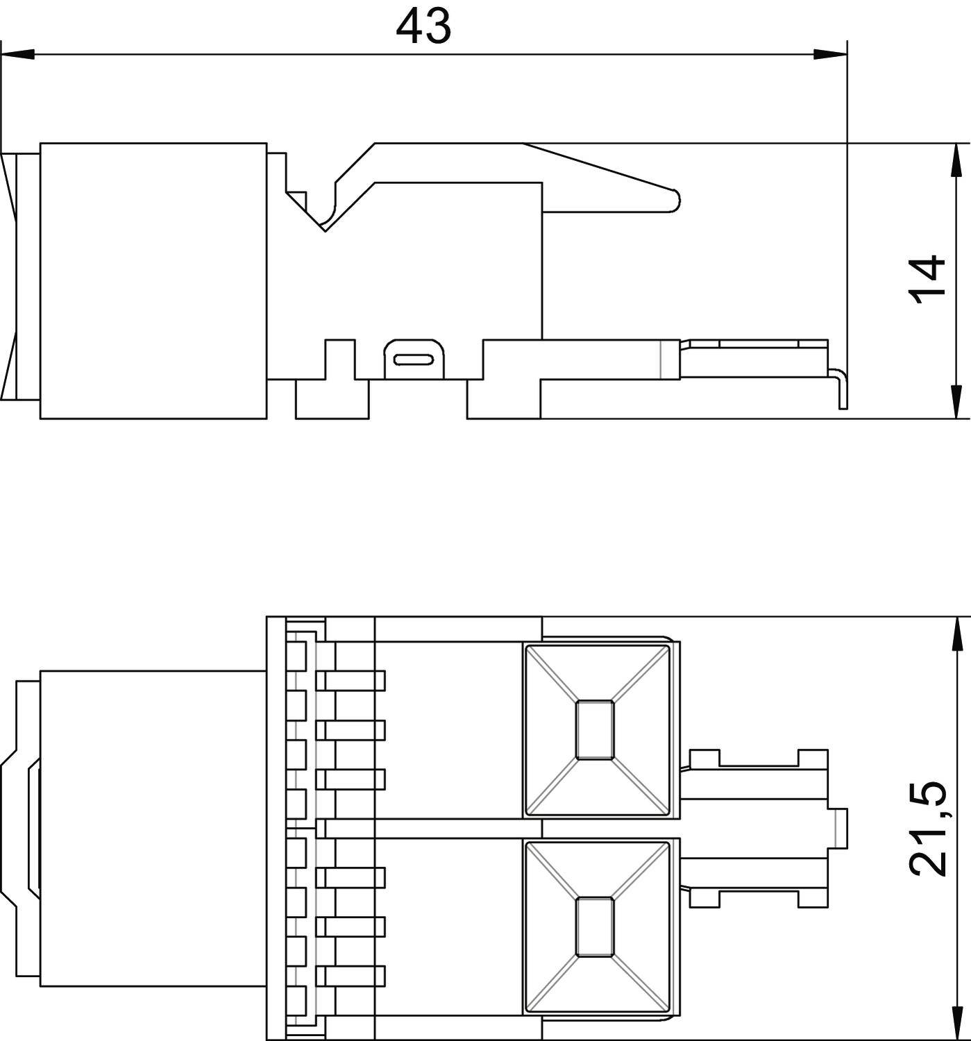 Rysunek techniczny wtyczki z wymiarami: długość 43 mm, wysokość 14 mm i szerokość 21,5 mm. Przedstawia widok z boku i widok z góry.