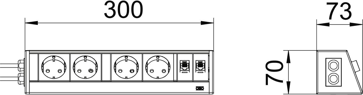 Ilustracja listwy zasilającej z czterema gniazdami elektrycznymi i portami sieciowymi, wymiary: długość 300 mm, szerokość 70 mm, wysokość 73 mm.