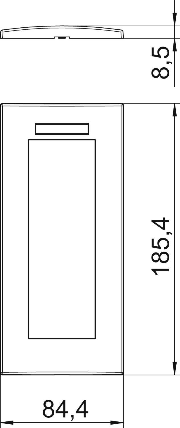 Rysunek techniczny prostokątnego obiektu o wymiarach 8,5 x 84,4 x 185,4 mm. U góry małe prostokątne wycięcie.