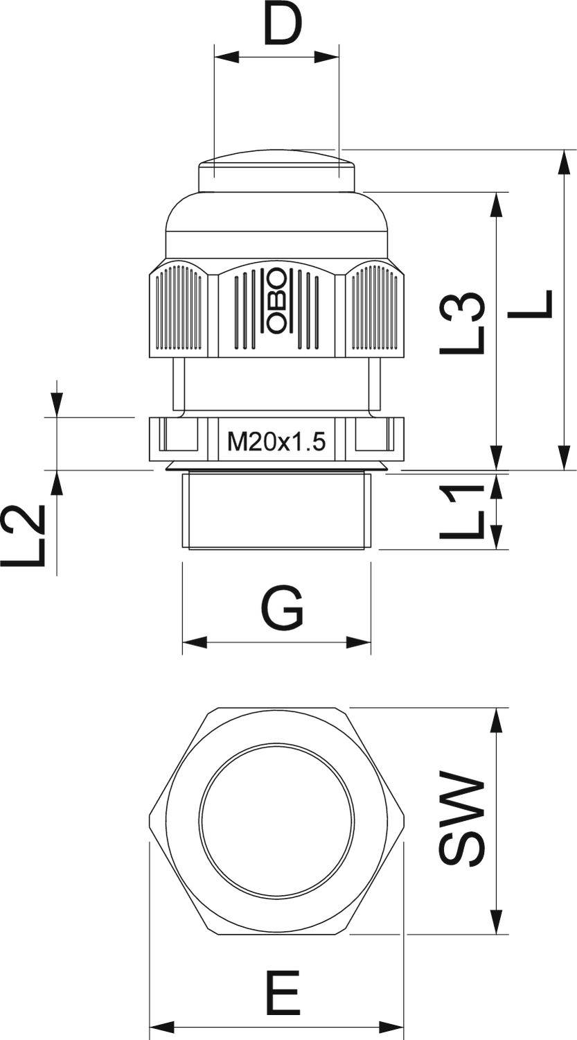 Rysunek techniczny złączki kablowej z wymiarami: L, L1, L2, L3, D, G, SW, E. Oznaczenie 'M20x1.5'.