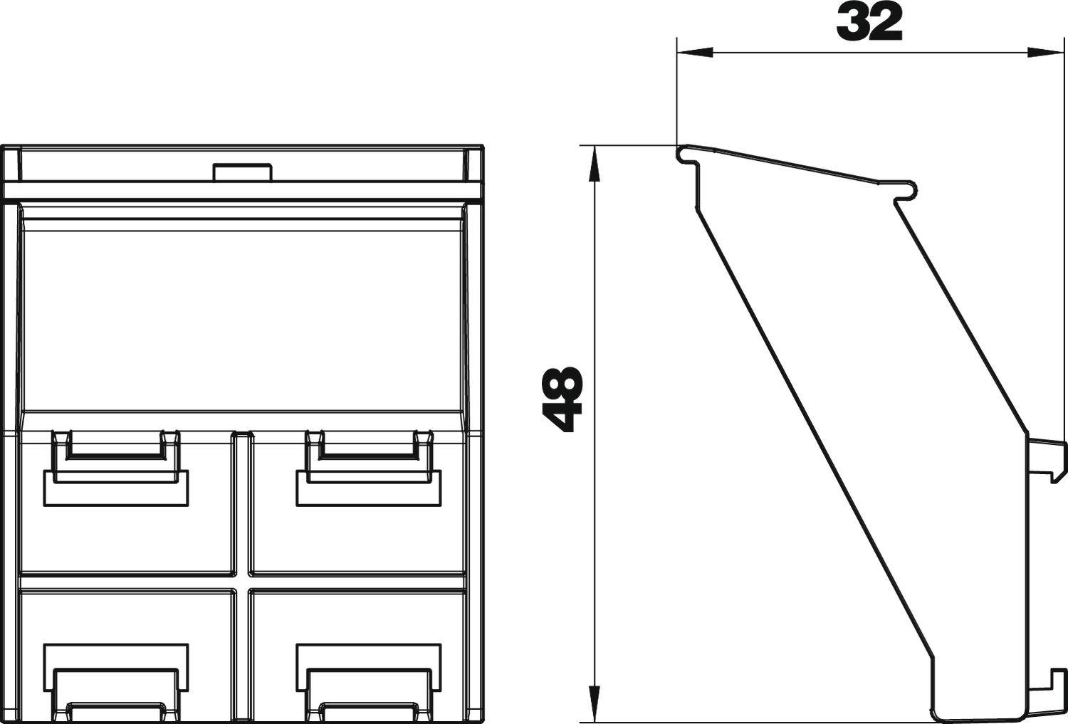 Rysunek techniczny regału z czterema szufladami, widok z przodu i z boku. Podane wymiary to 32 cm szerokości i 48 cm wysokości.