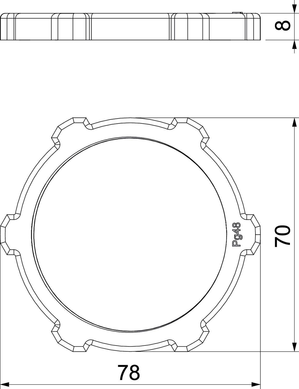 Przemysłowy element: Okrągły z sześcioma bocznymi wgłębieniami i numerem 'P-848'. Wymiary: średnica 78 mm, wysokość 8 mm, wysokość wraz z wgłębieniami 70 mm.