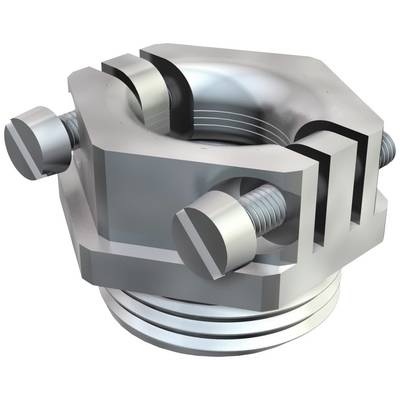 Metalowy element maszyny z śrubami i gwintem, prawdopodobnie będący częścią mechanizmu lub zespołu mocującego.