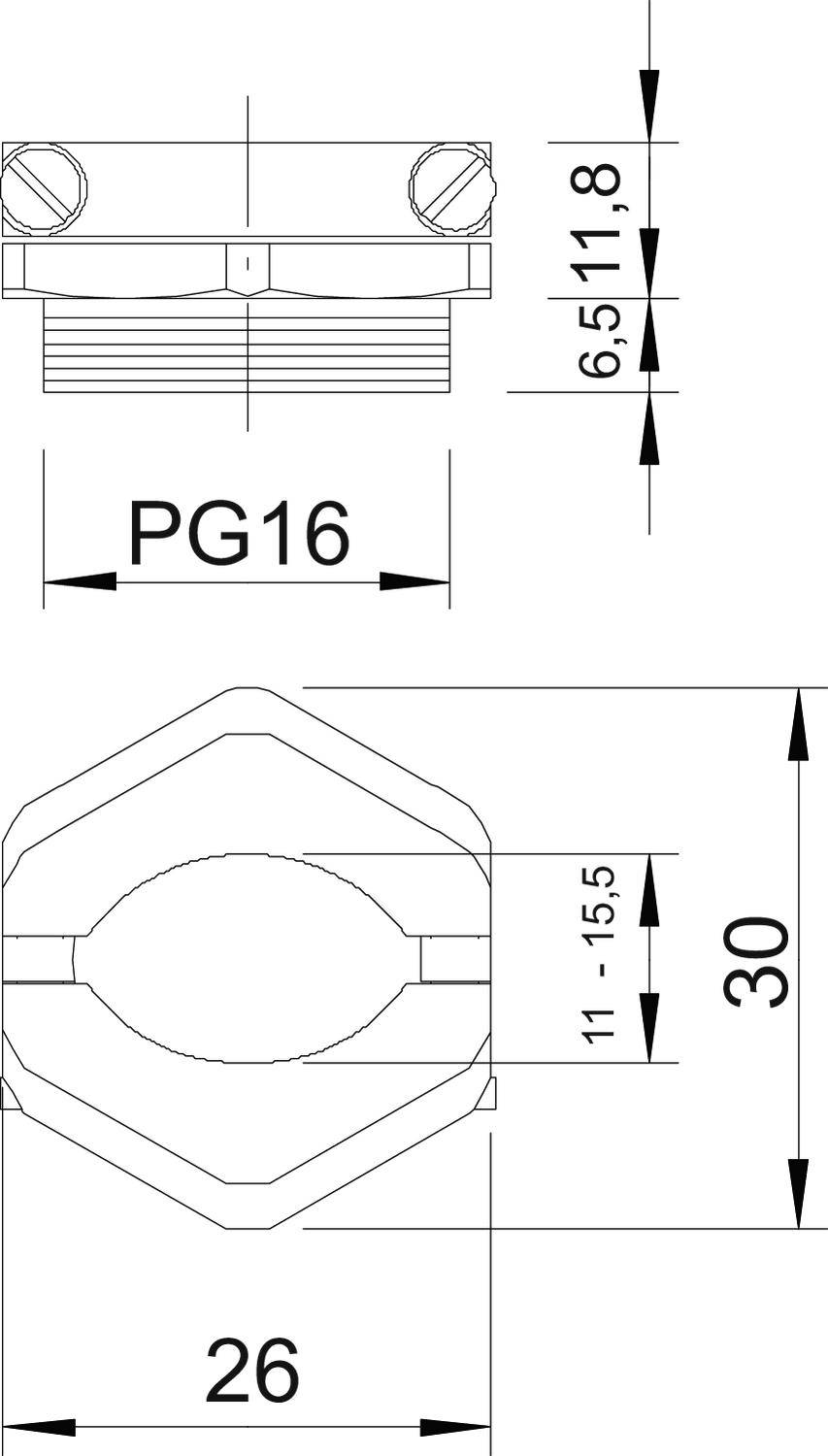 Rysunek techniczny elementu złączki kablowej PG16 z wymiarami: wysokość 30 mm, szerokość 26 mm oraz średnica otworu od 11 do 15,5 mm.