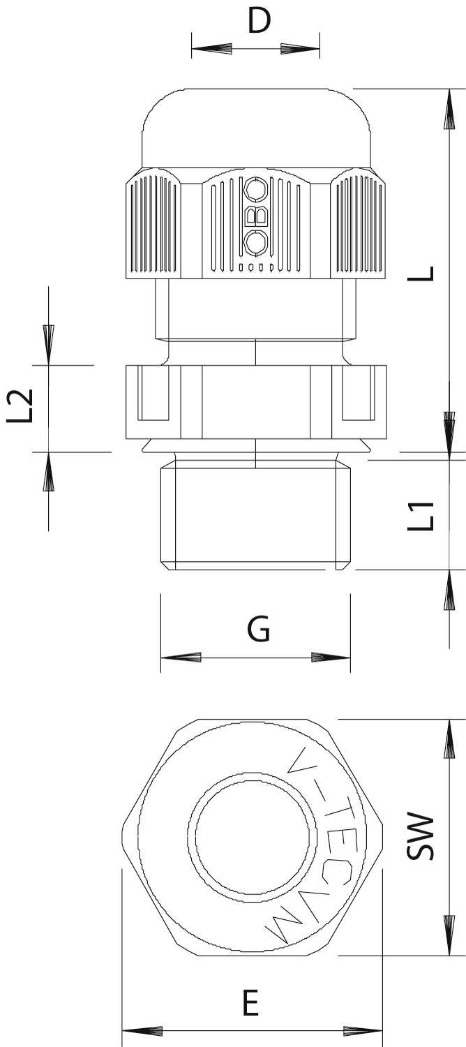 Rysunek techniczny systemu złączek kablowych z wymiarami długości, średnic i rozmiarów gwintów, przedstawiony w widokach bocznym i górnym.