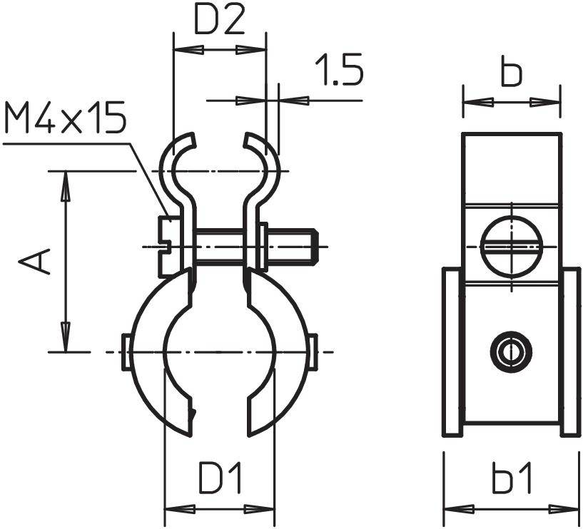 Rysunek techniczny obejmy rurowej z wymiarami: D1, D2, A, b, b1. Śruby M4x15. Wymiary w milimetrach.