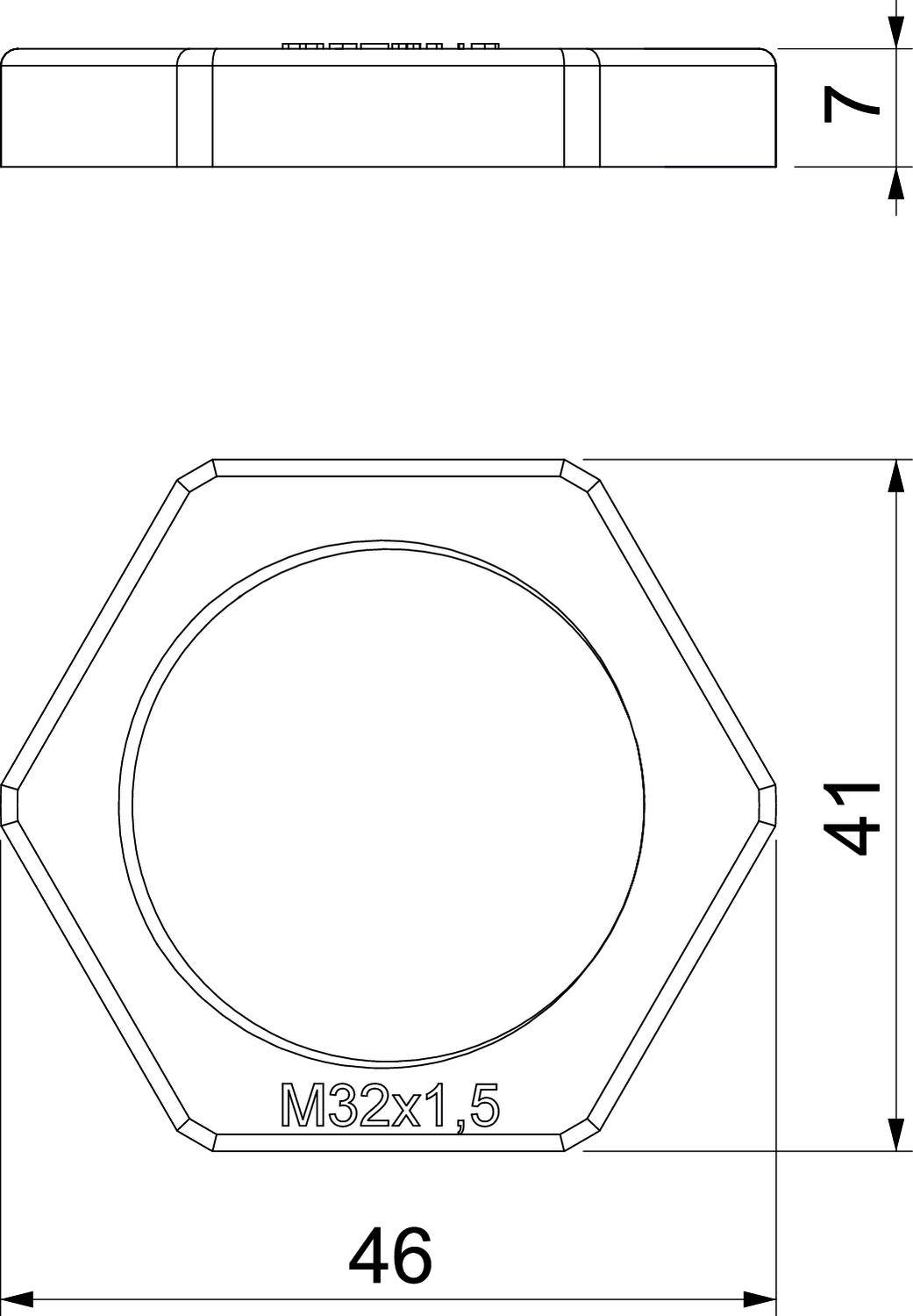 Rysunek techniczny nakrętki sześciokątnej M32x1,5. Wymiary: 46 mm szerokości, 41 mm wysokości, 7 mm grubości. Widok z góry i z boku.