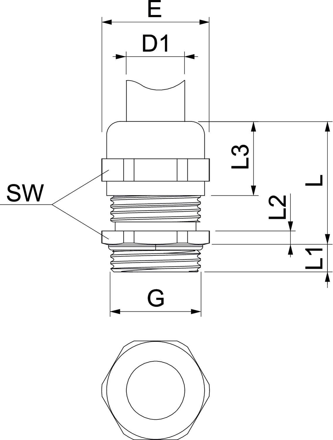 Rysunek techniczny złącza cylindrycznego. Przedstawia szczegóły gwintu z wymiarami E, D1, G, L, L1, L2, L3 oraz SW.