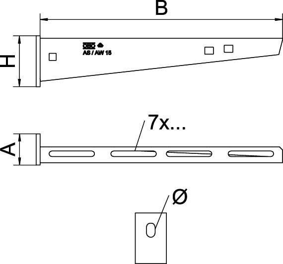 Element metalowy "AS/AW 15" z podanymi wymiarami: długość 'B', wysokość 'H', szerokość 'A'. Siedem podłużnych otworów do mocowania.