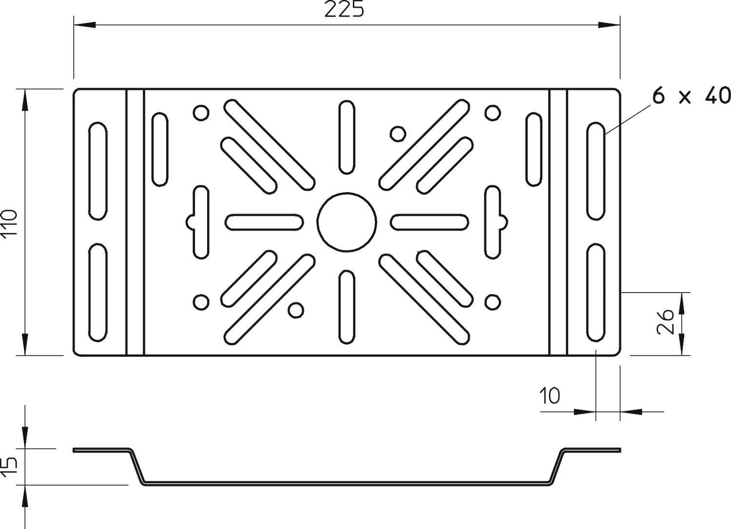 Rysunek techniczny prostokątnego obiektu metalowego z wymiarami: szerokość 225 mm, wysokość 110 mm, wzorem otworów oraz szczegółowym widokiem z boku.
