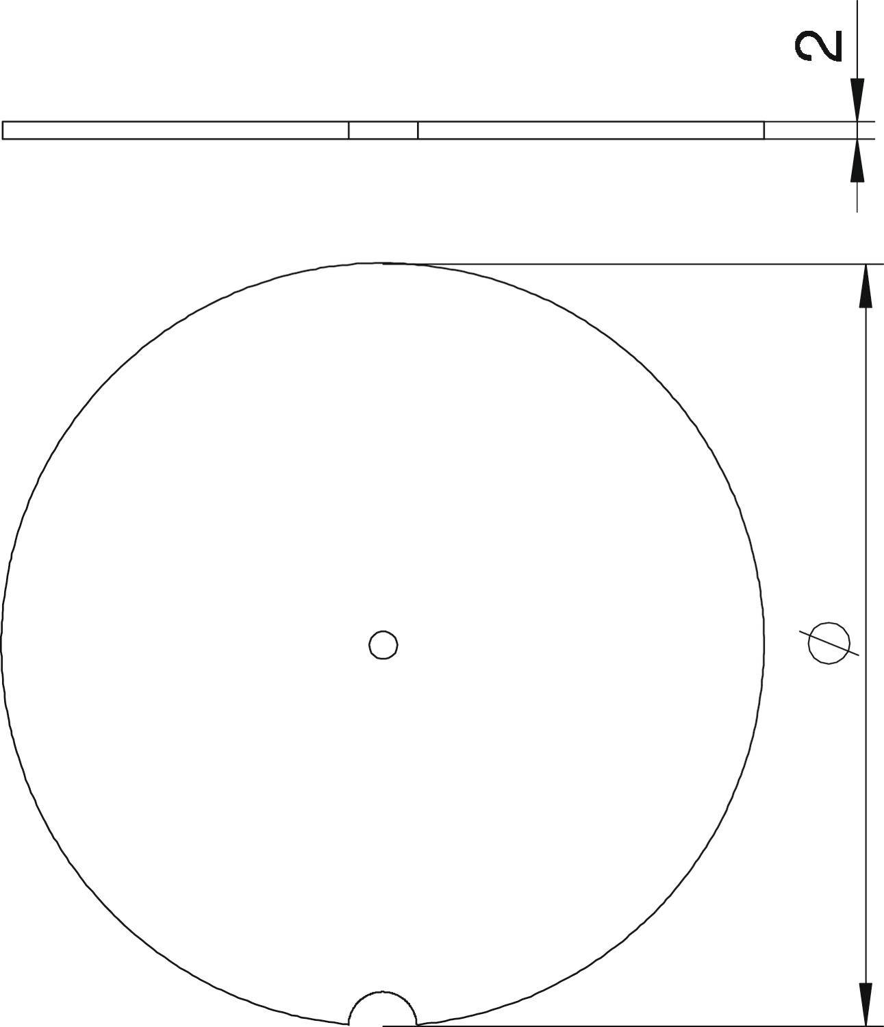 Rysunek cienkiego, okrągłego obiektu o grubości 2 mm, widocznego z widokiem z boku i z góry.