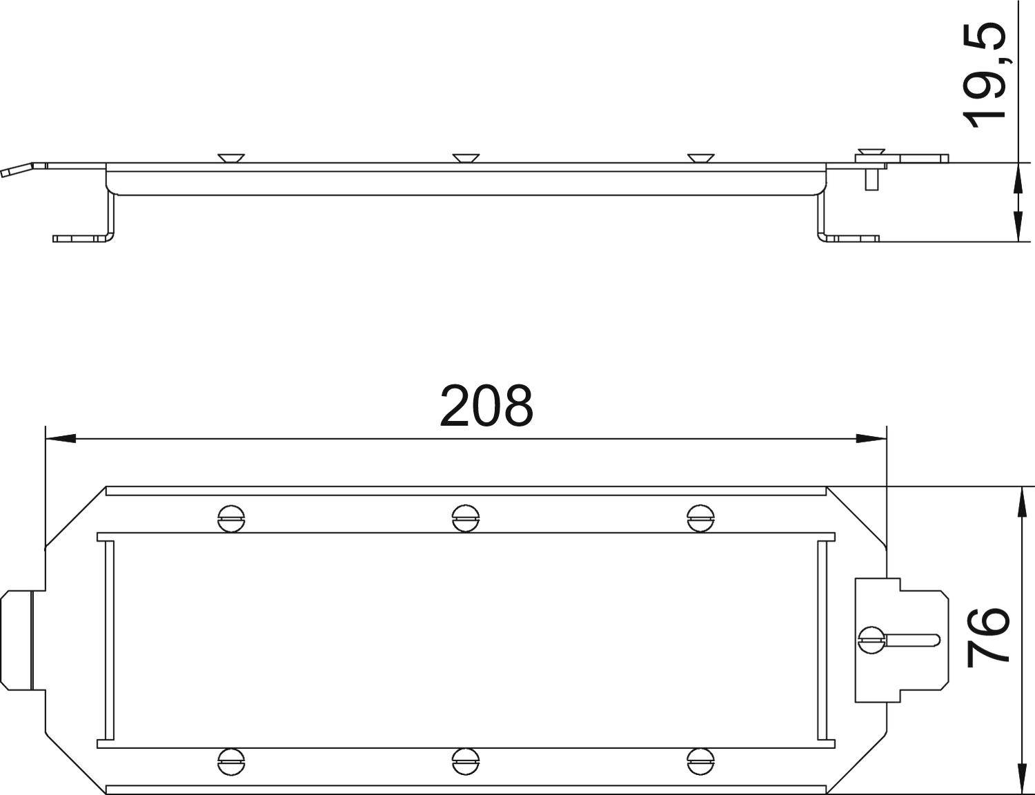 Rysunek techniczny prostokątnego elementu o wymiarach: długość 208 mm, szerokość 76 mm, wysokość 19,5 mm.