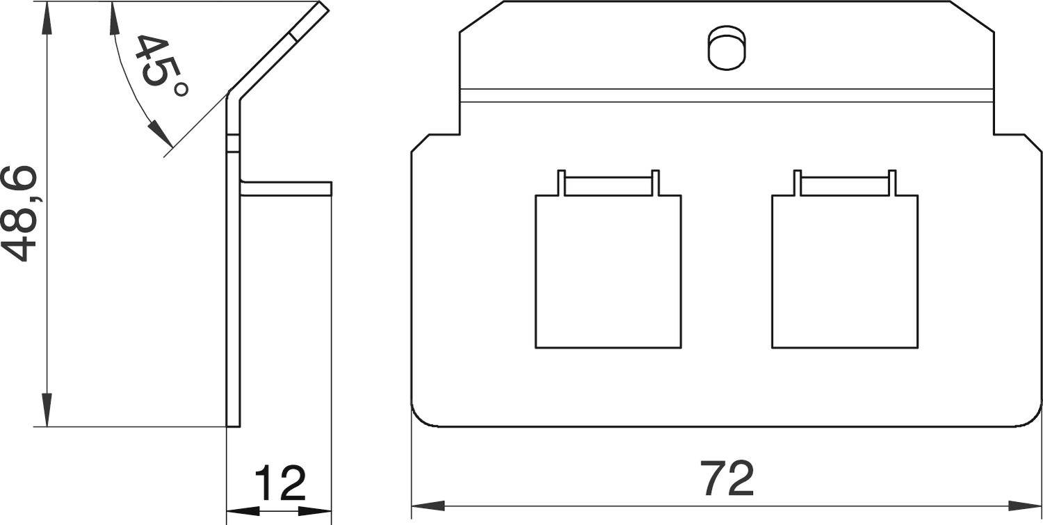 Rysunek techniczny prostokątnego elementu o wymiarach 72 x 48,6 mm. Przedstawia dwa prostokątne wycięcia oraz krawędź ściętą pod kątem 45°.