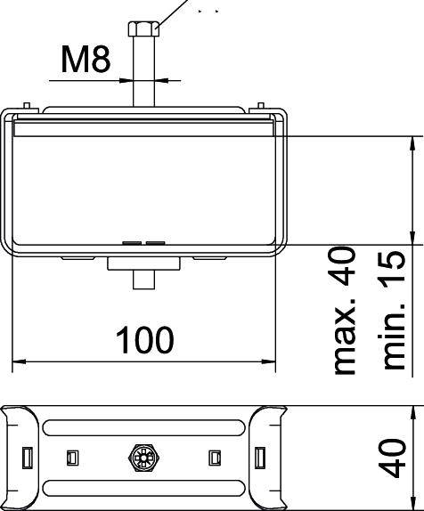 Rysunek techniczny prostokątnej obudowy z przyłączem M8, szerokość 100 mm, wysokość maksymalnie 40 mm, minimalnie 15 mm.