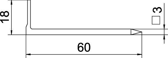 Rysunek techniczny profilu o długości 60 mm, wysokości 18 mm, z rowkiem o szerokości 3 mm. Po lewej stronie linia opadająca.