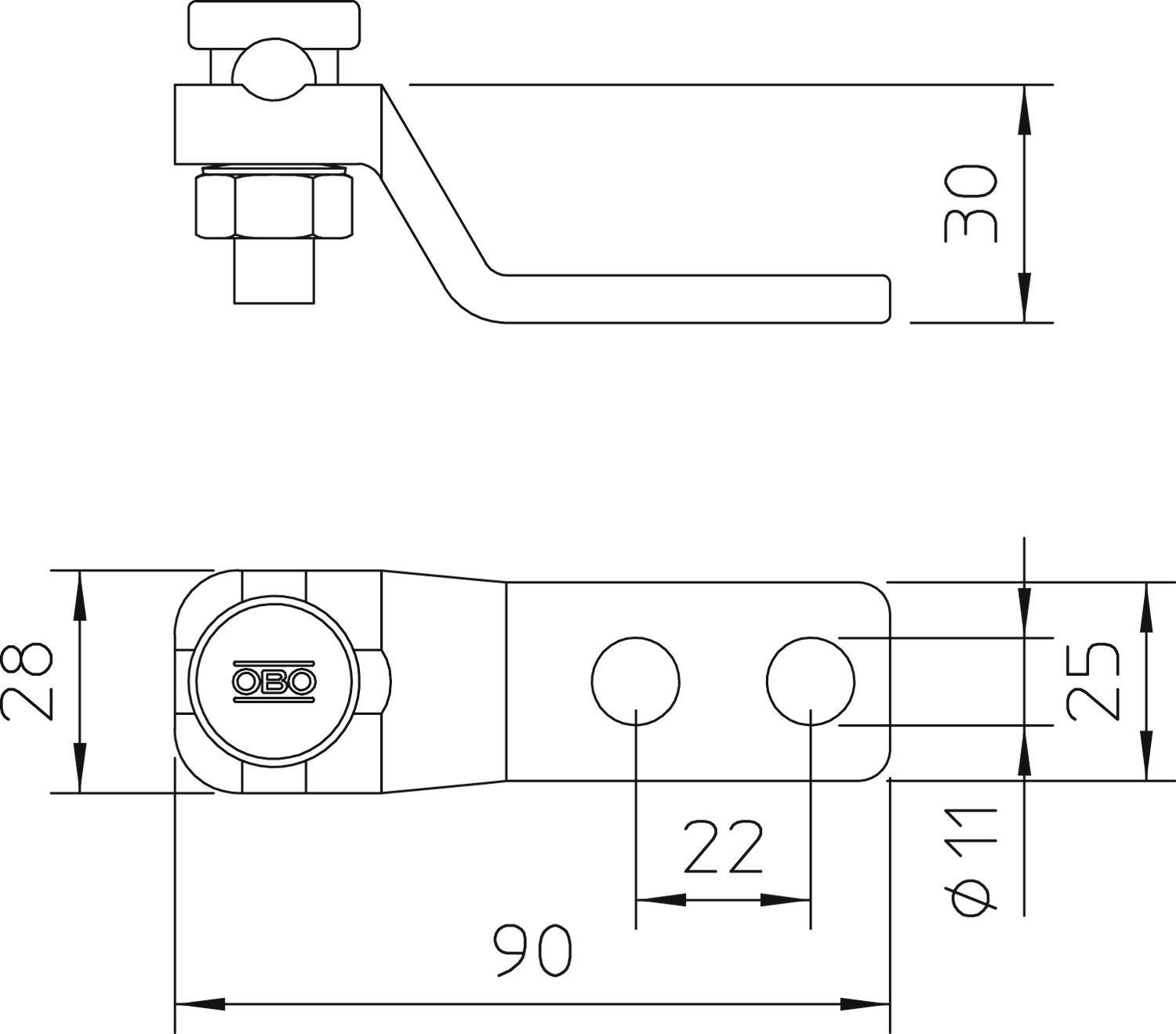 Rysunek techniczny zacisku metalowego z wymiarami: 90 mm długości, 28 mm szerokości, otwory na śruby o średnicy 11 mm, rozstaw 22 mm.