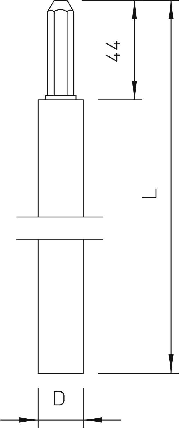 Rysunek techniczny części cylindrycznej o wymiarach: długość górna '44', całkowita długość 'L', średnica dolna 'D'.