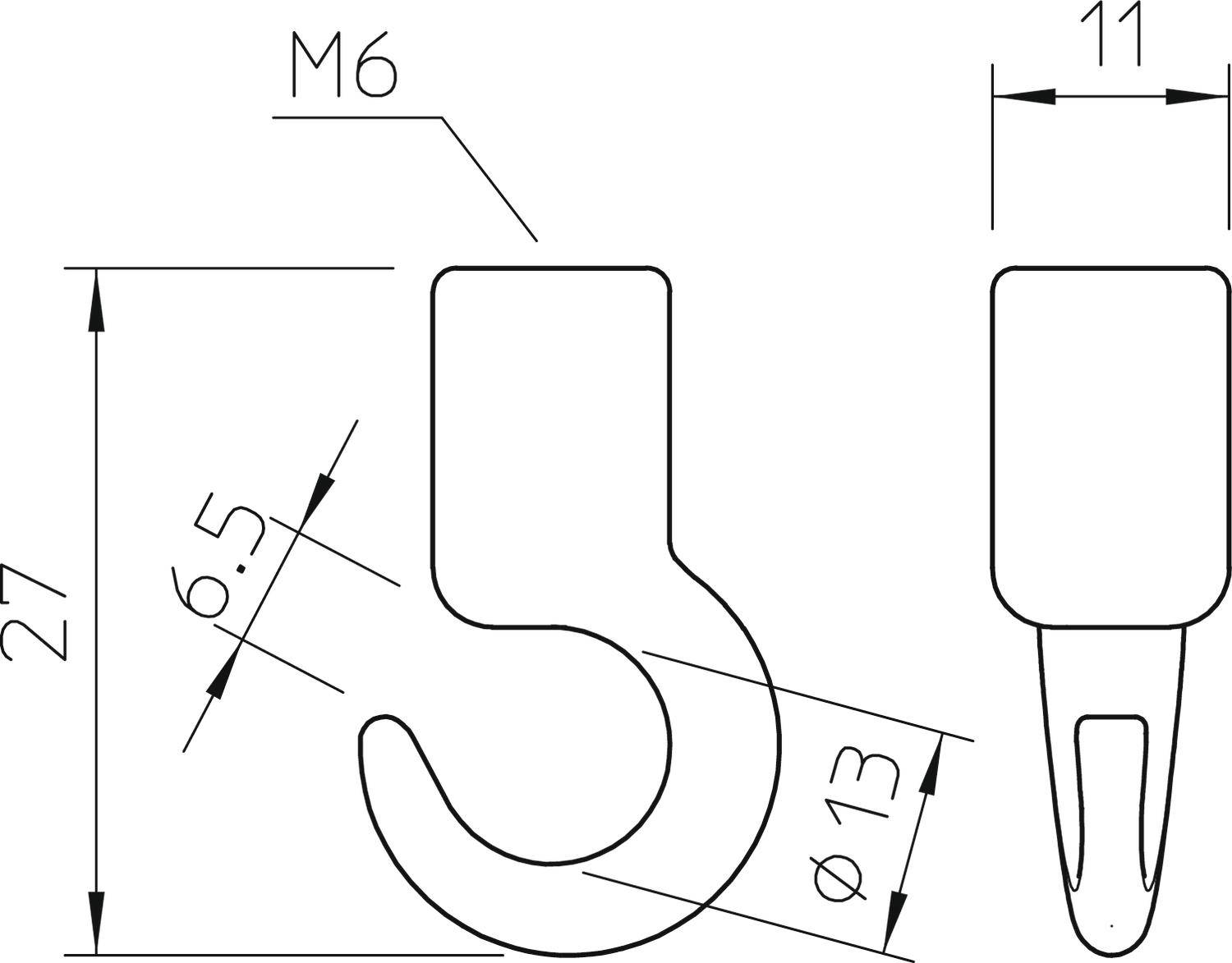 Rysunek techniczny haka z wymiarami: wysokość całkowita 27 mm, rozwarcie haka 6,5 mm, średnica 13 mm, śruba M6, szerokość 11 mm.