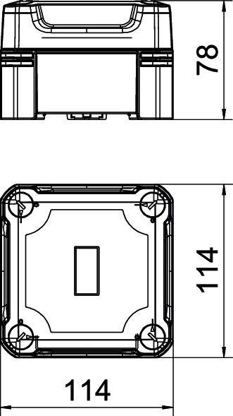 Rysunek techniczny prostokątnej obudowy. Widok z przodu przedstawia wysokość 78 mm, widok z góry pokazuje szerokość i długość wynoszące po 114 mm.