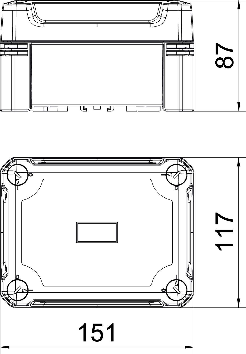 Rysunek techniczny prostokątnej obudowy o wymiarach 151 x 117 x 87 mm. Posiada zaokrąglone narożniki i otwory montażowe pod śruby.