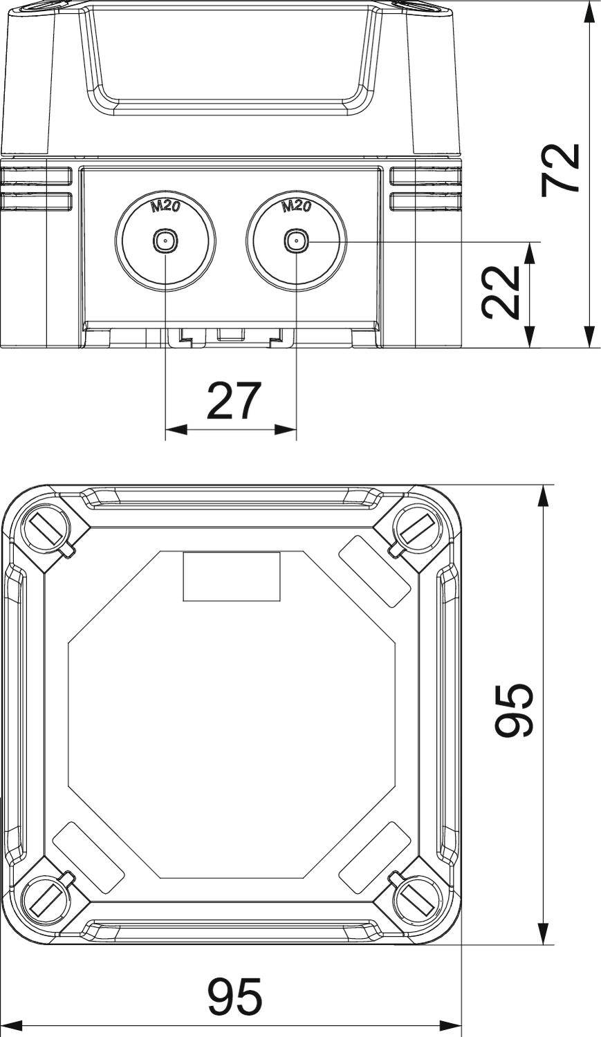 Rysunek prostokątnej obudowy elektrycznej o wymiarach: 95 x 95 x 72 mm. Widok z przodu z dwoma otworami M20.