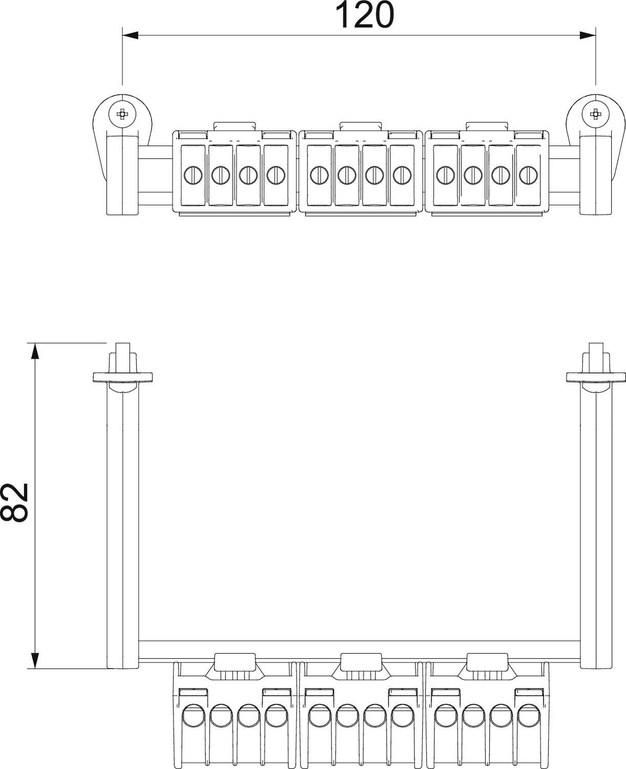 Rysunek techniczny listwy zaciskowej elektrycznej. U góry: długość 120, u dołu: wysokość 82. Przedstawia widok z przodu i z boku.