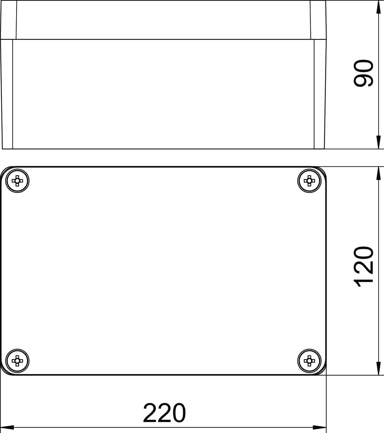 Rysunek wymiarowy prostokątnej obudowy o wymiarach 220 x 120 x 90 mm, z otworami śrubowymi w narożnikach.
