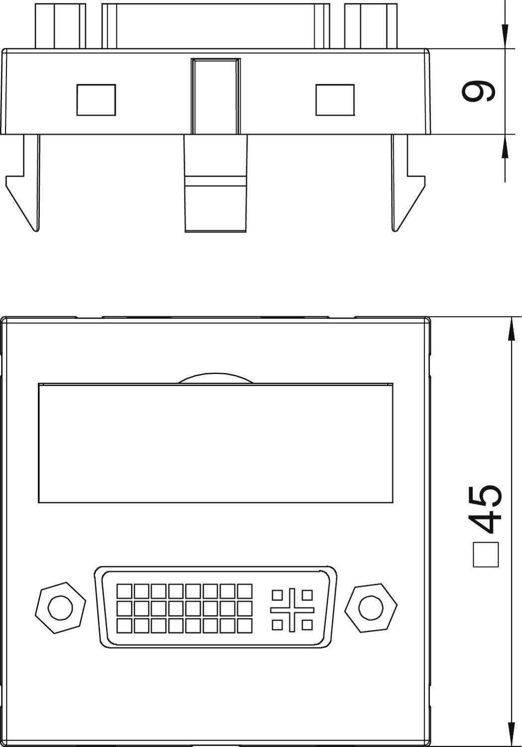 Diagram przedstawia urządzenie elektryczne z widokiem z przodu i z boku, z wymiarami 9 i 45, klawiaturą oraz dwoma otworami mocującymi.