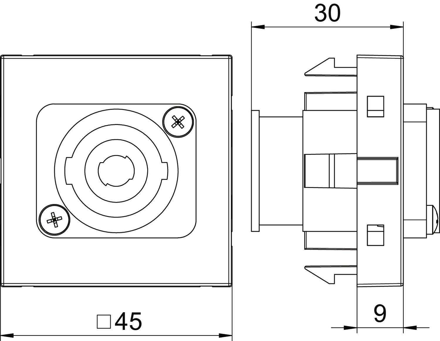 Rysunek techniczny złącza kwadratowego. Wymiary: 45x45 mm front, 30 mm głębokości, 9 mm z boku. Mocowanie śrubowe.