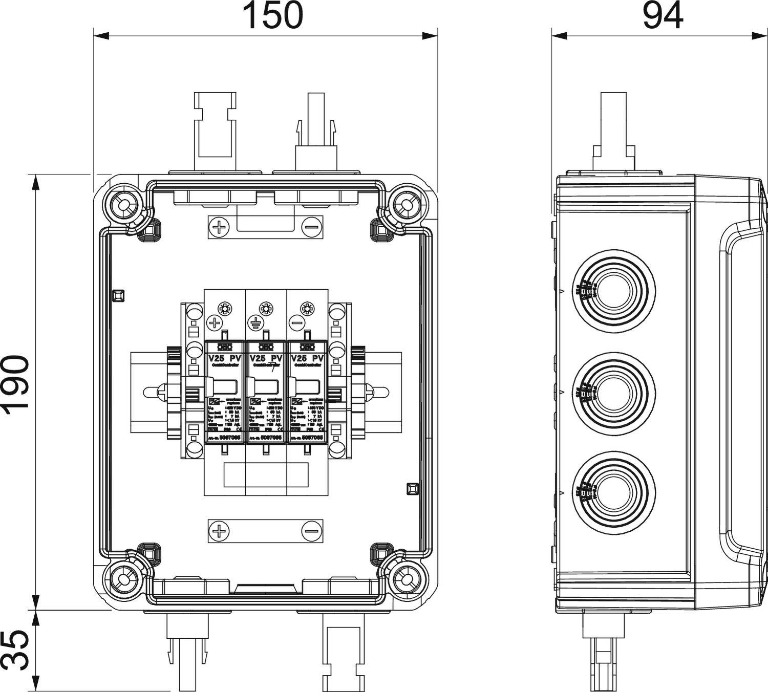 Rysunek techniczny elektrycznego przełącznika w obudowie, o wymiarach: 150 mm szerokości, 190 mm wysokości, 94 mm głębokości. Przedstawiono widok z przodu i z boku.